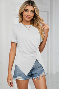 Ruched Round Neck Short Sleeve T-Shirt - Chic Innovations, LLC