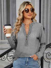 Striped Notched Long Sleeve T-Shirt - Chic Innovations, LLC