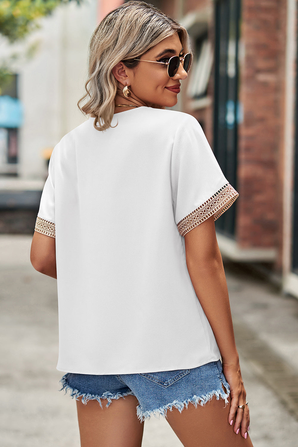 Openwork V-Neck Short Sleeve T-Shirt - Chic Innovations, LLC