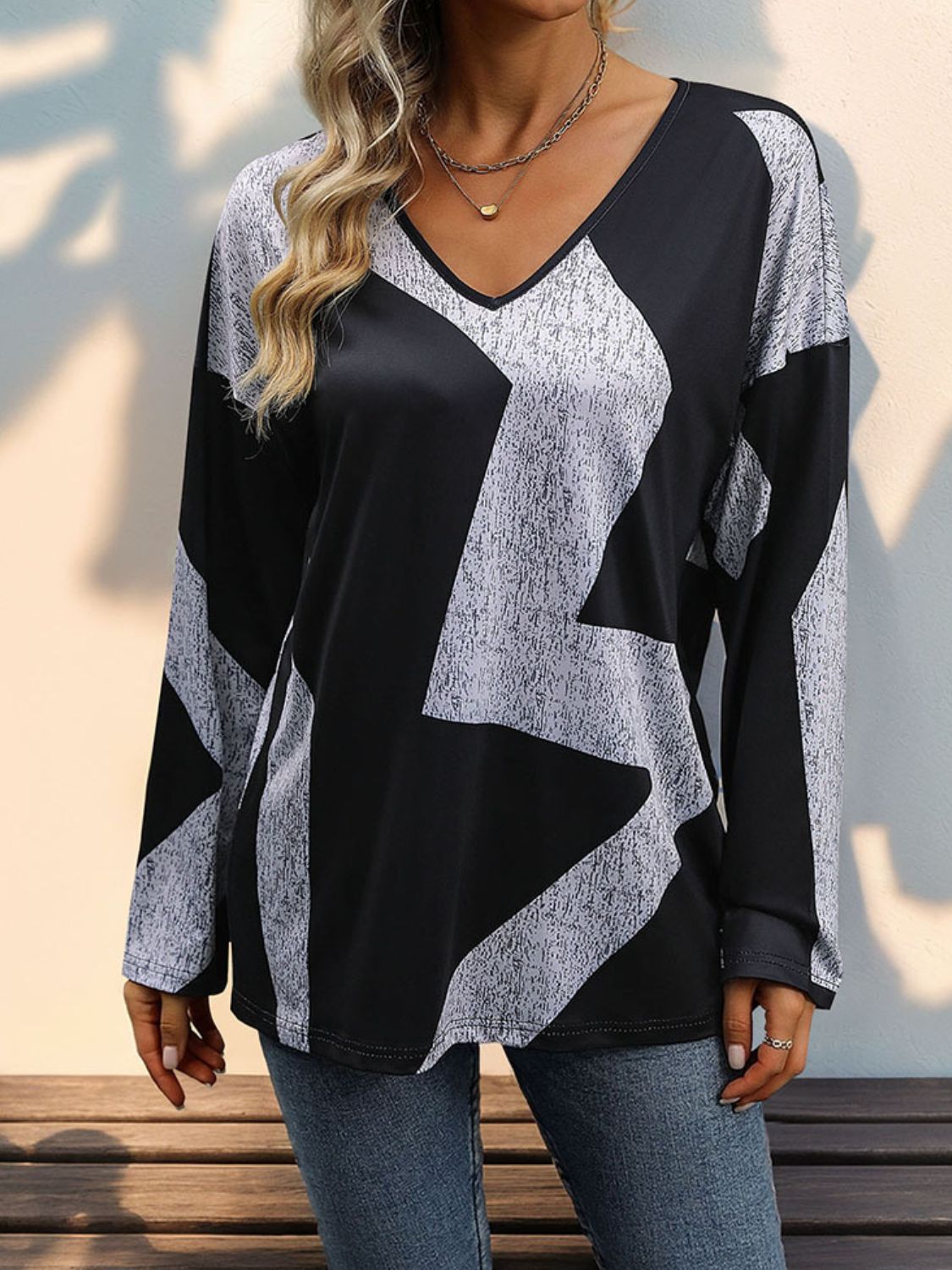 Perfee Color Block V-Neck Long Sleeve T-Shirt - Chic Innovations, LLC