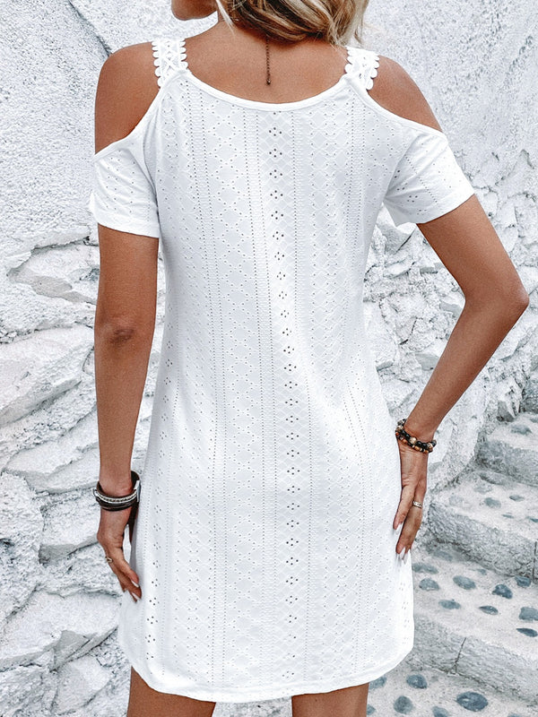 Eyelet V-Neck Cold Shoulder Mini Dress - Chic Innovations, LLC