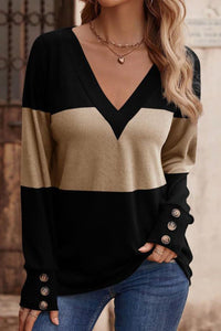 Decorative Button Contrast V-Neck Long Sleeve T-Shirt - Chic Innovations, LLC