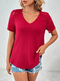 Ivy Lane Lace Detail V-Neck Short Sleeve T-Shirt - Chic Innovations, LLC