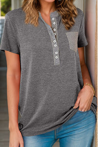 Full Size Half Button Short Sleeve T-Shirt - Chic Innovations, LLC