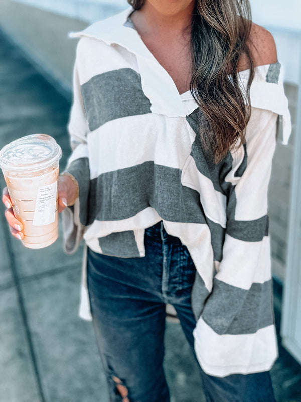 Striped Collared Neck Long Sleeve T-Shirt - Chic Innovations, LLC