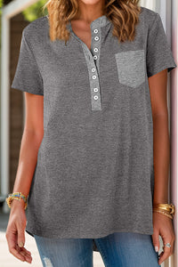 Full Size Half Button Short Sleeve T-Shirt - Chic Innovations, LLC