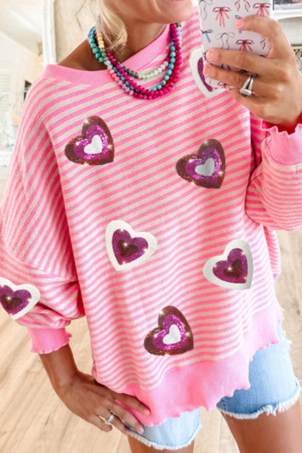 Valentine’s Day Sequin Heart Striped Long Sleeve Sweatshirt