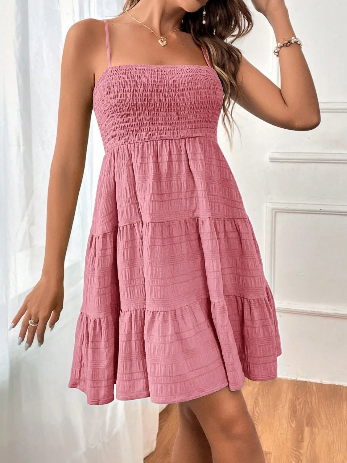 Tiered Smocked Square Neck Cami Dress - Chic Innovations, LLC