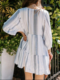 Tassel Striped Tie Neck Batwing Sleeve Dress - Chic Innovations, LLC