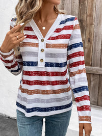 Contrast Striped V-Neck Long Sleeve T-Shirt - Chic Innovations, LLC