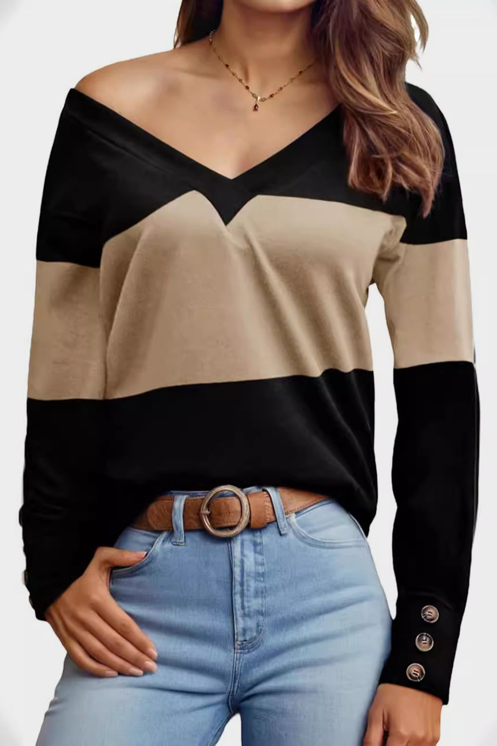 Decorative Button Contrast V-Neck Long Sleeve T-Shirt - Chic Innovations, LLC