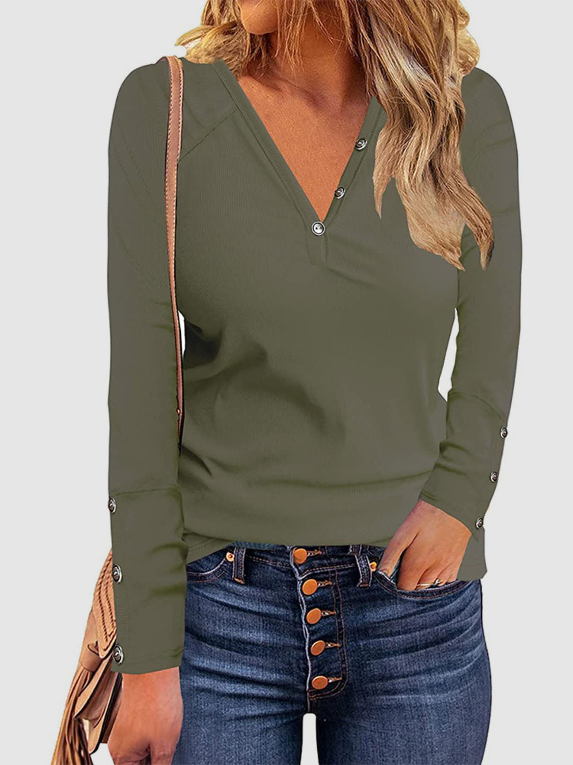 Decorative Button V-Neck Long Sleeve T-Shirt - Chic Innovations, LLC