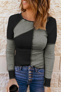 Color Block Round Neck Long Sleeve T-Shirt - Chic Innovations, LLC