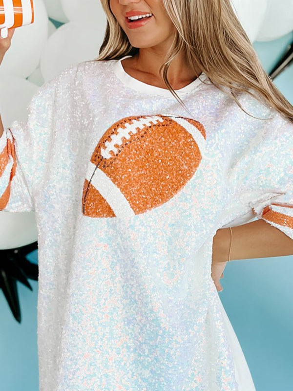 Sequin Football Round Neck Half Sleeve Oversize Top - Chic Innovations, LLC