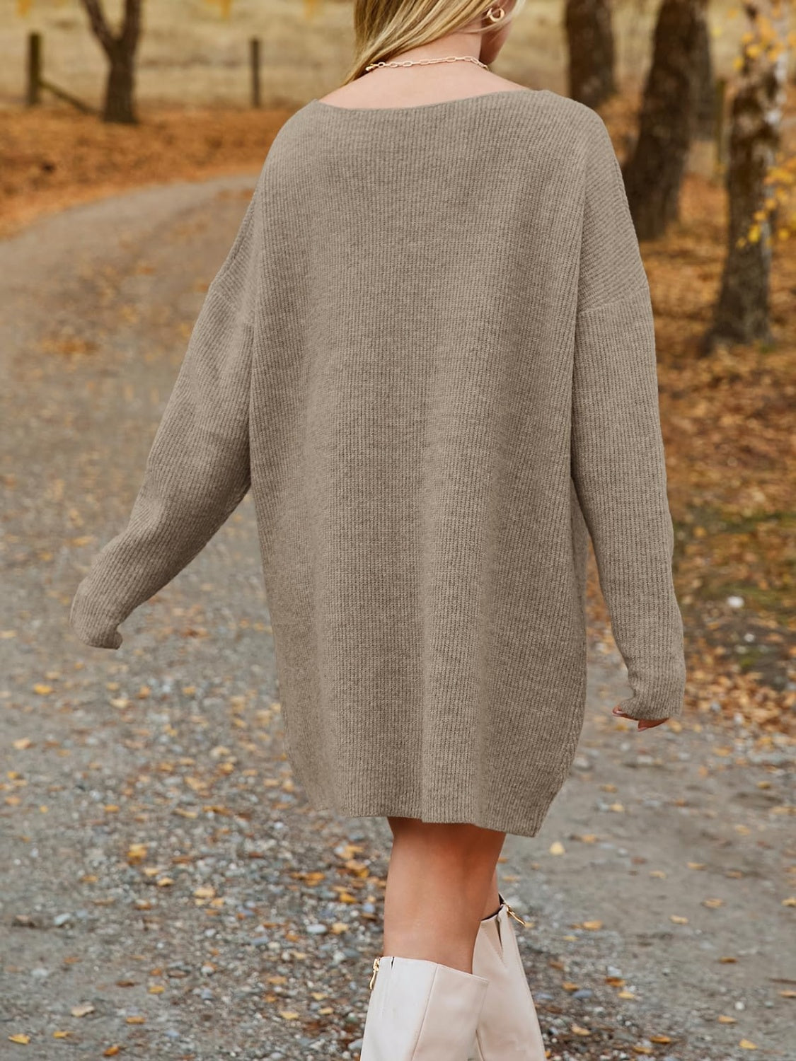 V-Neck Dropped Shoulder Sweater Dress - Chic Innovations, LLC