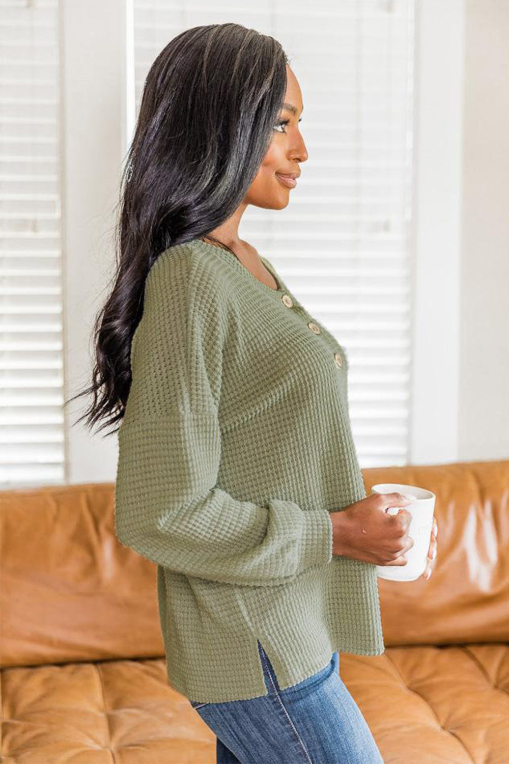 Slit Waffle Knit Long Sleeve T-Shirt - Chic Innovations, LLC