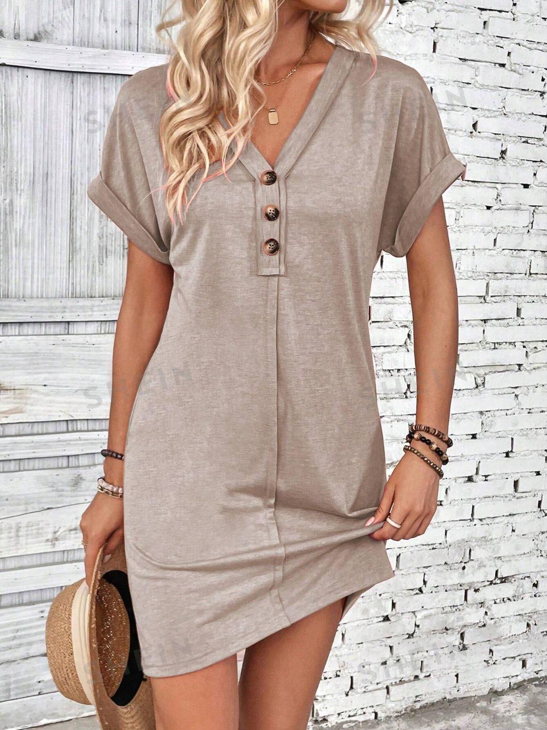 Quarter Button V-Neck Short Sleeve Dress - Chic Innovations, LLC