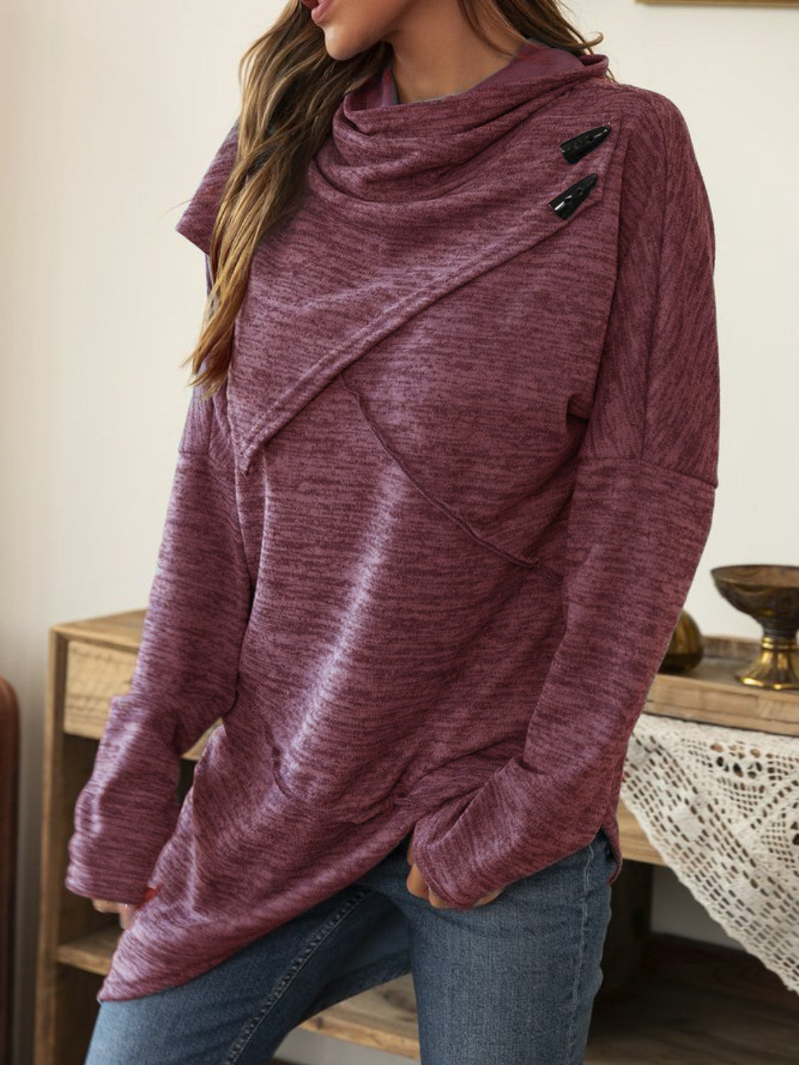 Asymmetrical Hem Cowl Neck Long Sleeve T-Shirt - Chic Innovations, LLC