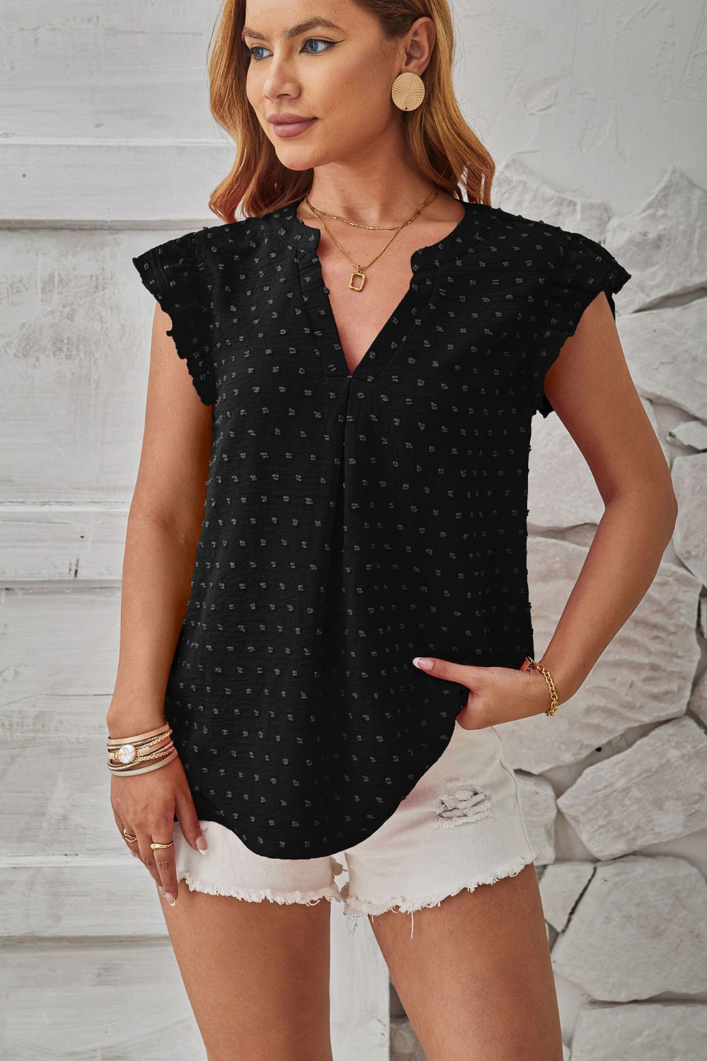 Swiss Dot Ruffled Cap Sleeve T-Shirt - Chic Innovations, LLC