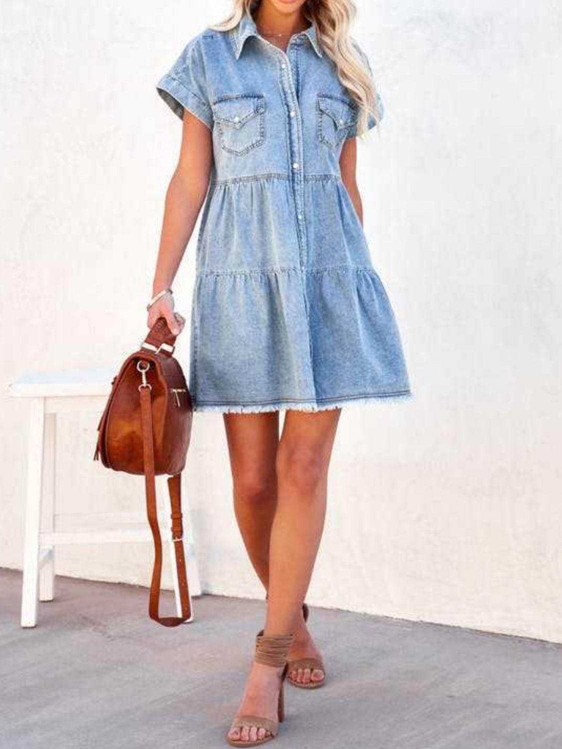 Raw Hem Short Sleeve Denim Dress - Chic Innovations, LLC