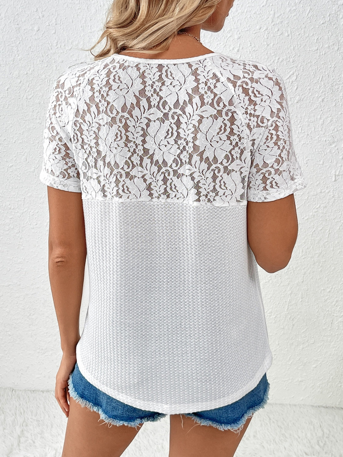 Ivy Lane Lace Detail V-Neck Short Sleeve T-Shirt - Chic Innovations, LLC