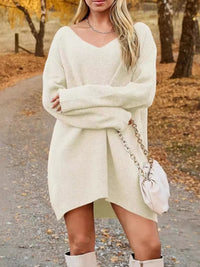 V-Neck Dropped Shoulder Sweater Dress - Chic Innovations, LLC