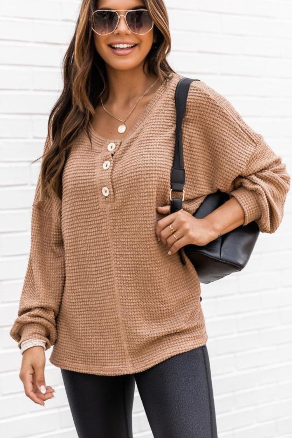 Slit Waffle Knit Long Sleeve T-Shirt - Chic Innovations, LLC