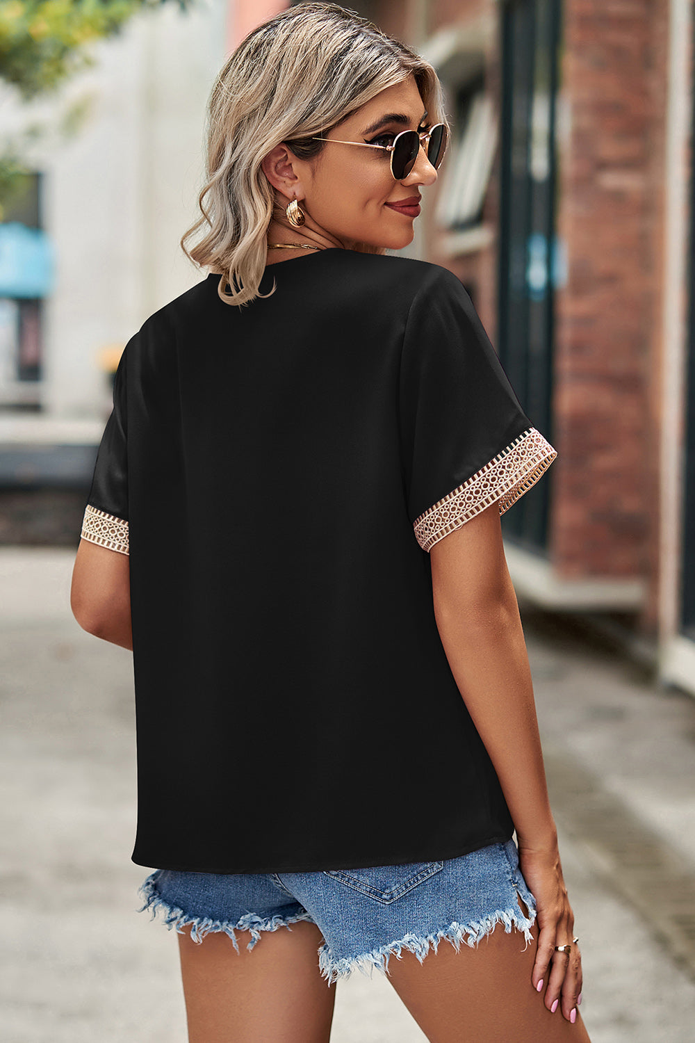 Openwork V-Neck Short Sleeve T-Shirt - Chic Innovations, LLC