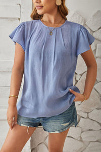 Round Neck Keyhole Cap Sleeve T-Shirt - Chic Innovations, LLC