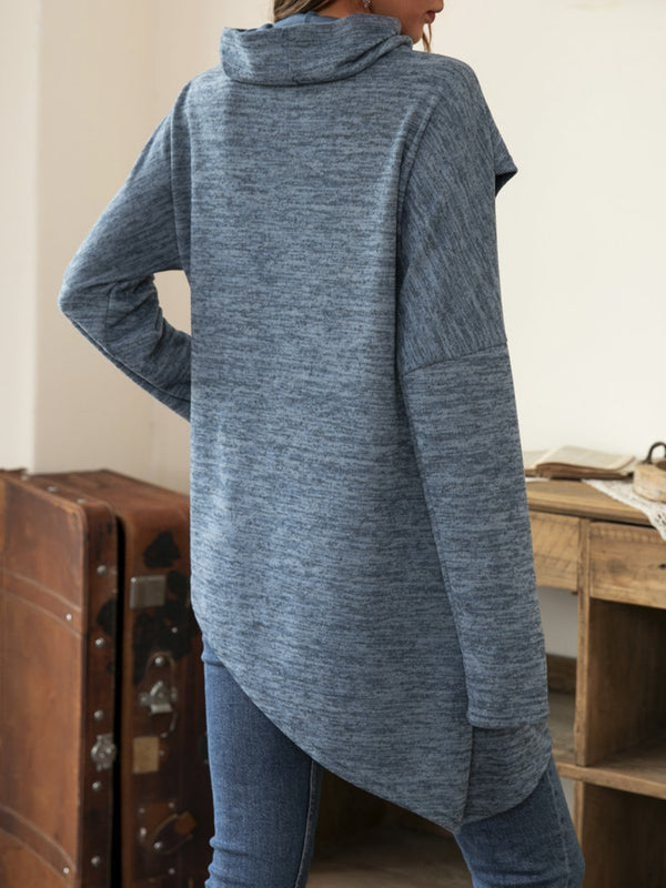 Asymmetrical Hem Cowl Neck Long Sleeve T-Shirt - Chic Innovations, LLC