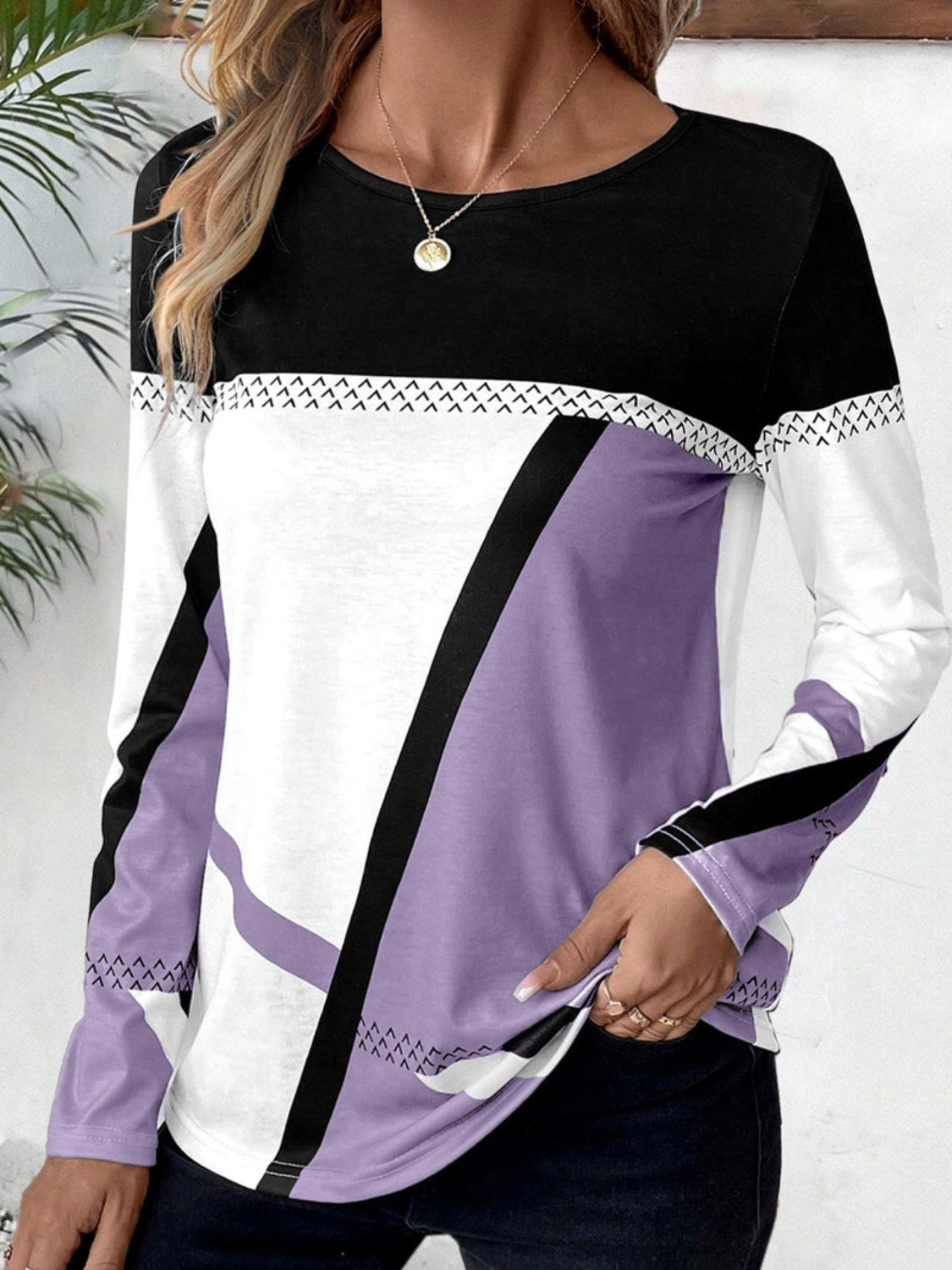 Contrast Round Neck Long Sleeve T-Shirt - Chic Innovations, LLC