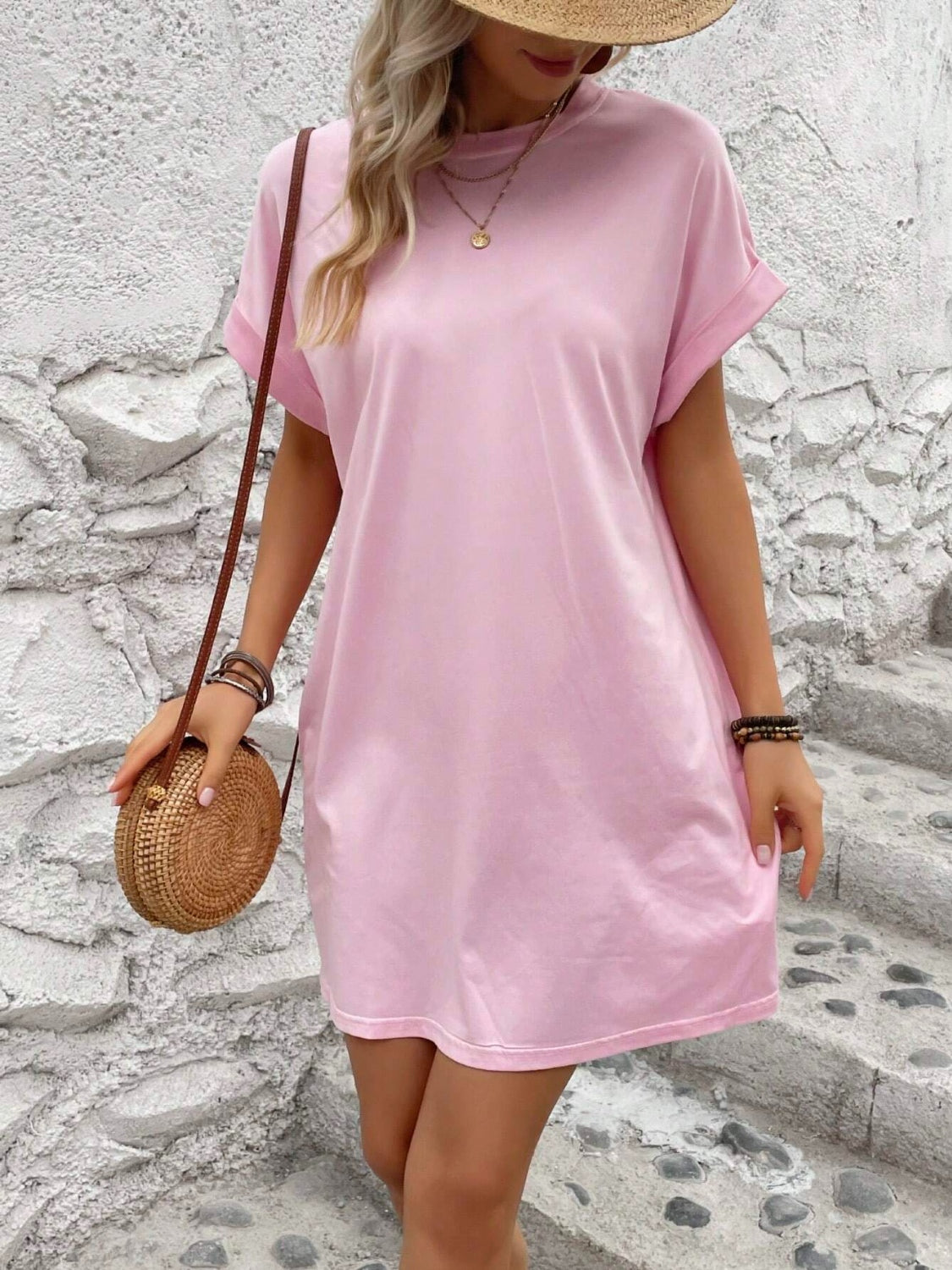 Round Neck Short Sleeve Mini Dress - Chic Innovations, LLC