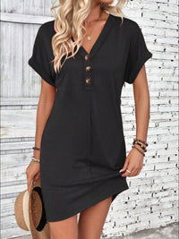 Quarter Button V-Neck Short Sleeve Dress - Chic Innovations, LLC