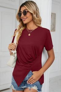 Ruched Round Neck Short Sleeve T-Shirt - Chic Innovations, LLC