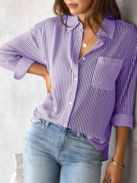 Striped Collared Neck Shirt with Pocket - Chic Innovations, LLC