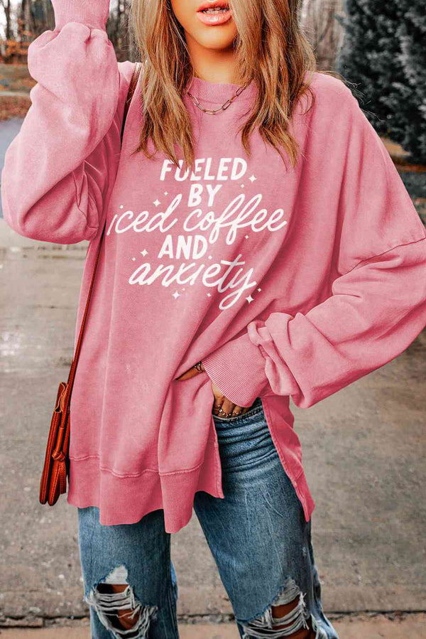 Slogan Graphic Dropped Shoulder Slit Sweatshirt - Chic Innovations, LLC