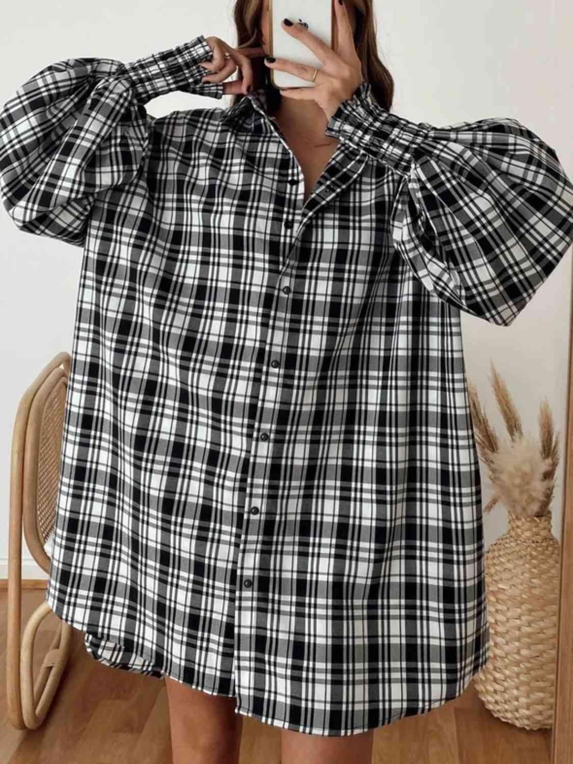 Plaid Lantern Sleeve Shirt - Chic Innovations, LLC