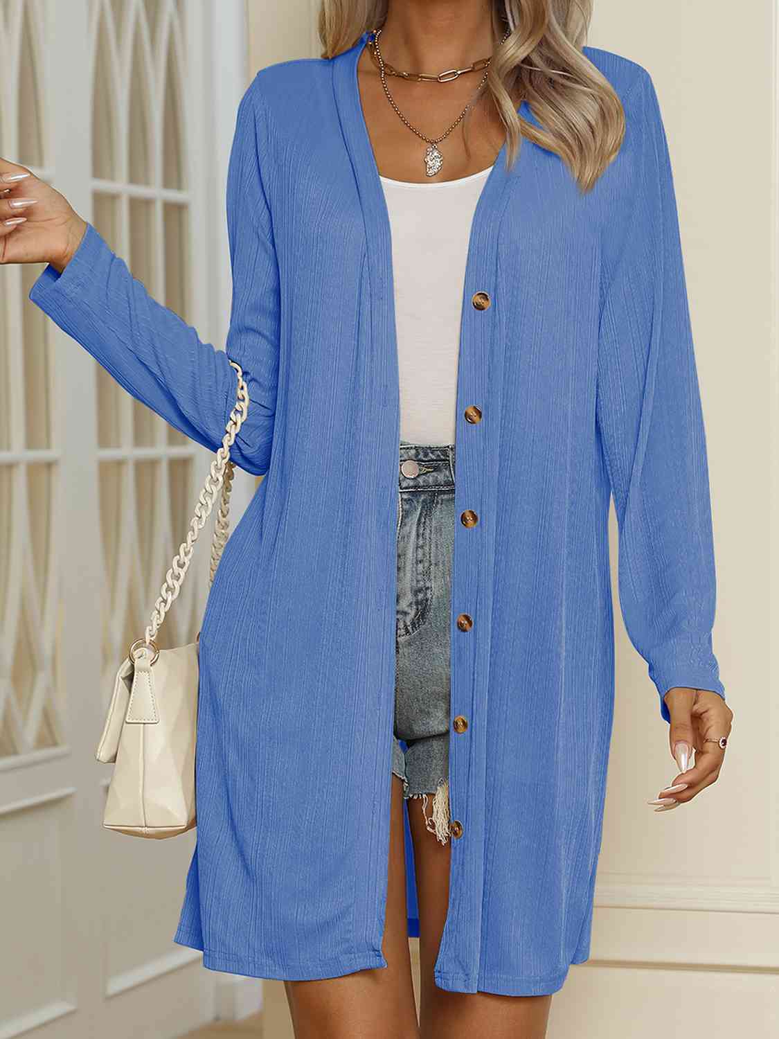 V-Neck Button Up Long Sleeve Cardigan - Chic Innovations, LLC