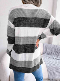 Striped Rib-Knit Open Front Longline Cardigan - Chic Innovations, LLC