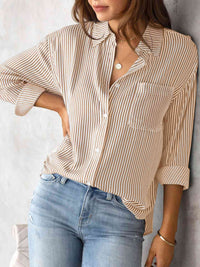 Striped Collared Neck Shirt with Pocket - Chic Innovations, LLC