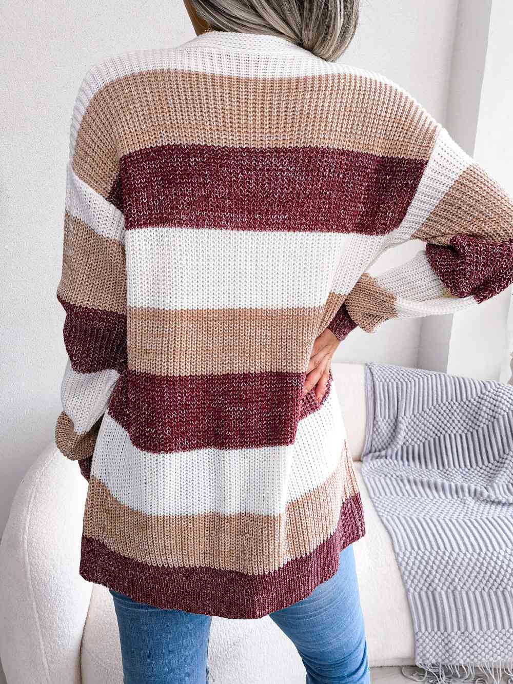 Striped Rib-Knit Open Front Longline Cardigan - Chic Innovations, LLC