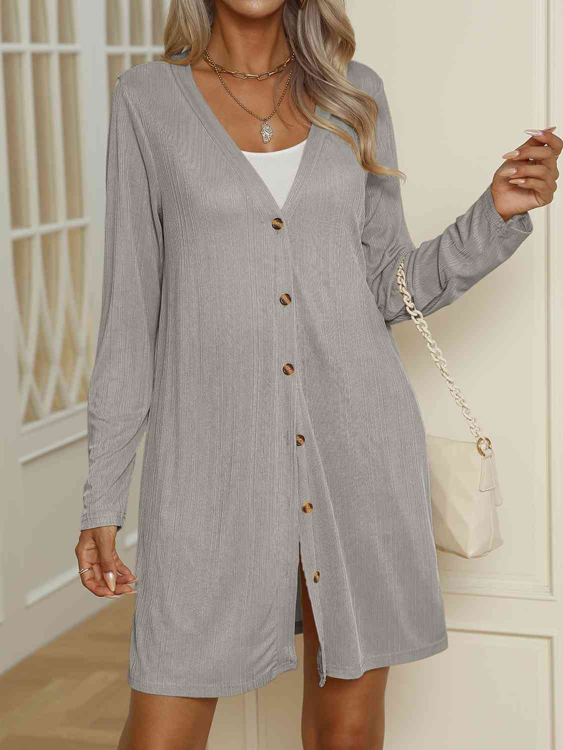 V-Neck Button Up Long Sleeve Cardigan - Chic Innovations, LLC