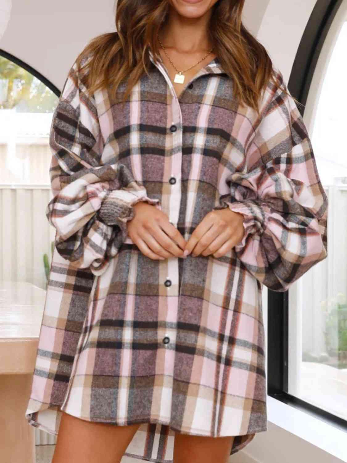 Plaid Lantern Sleeve Shirt - Chic Innovations, LLC