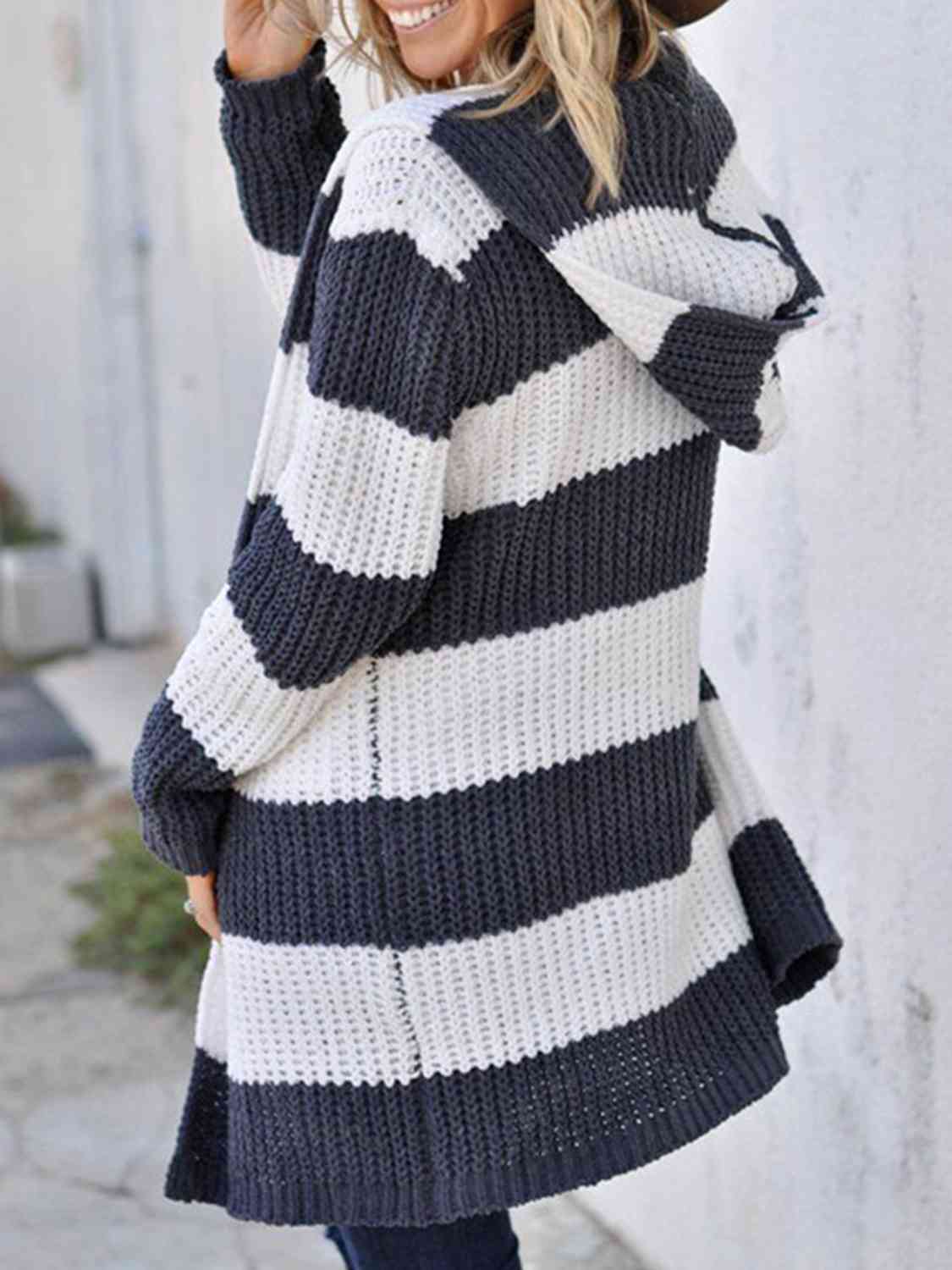 Striped Open Front Hooded Cardigan - Chic Innovations, LLC