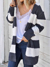 Striped Open Front Hooded Cardigan - Chic Innovations, LLC