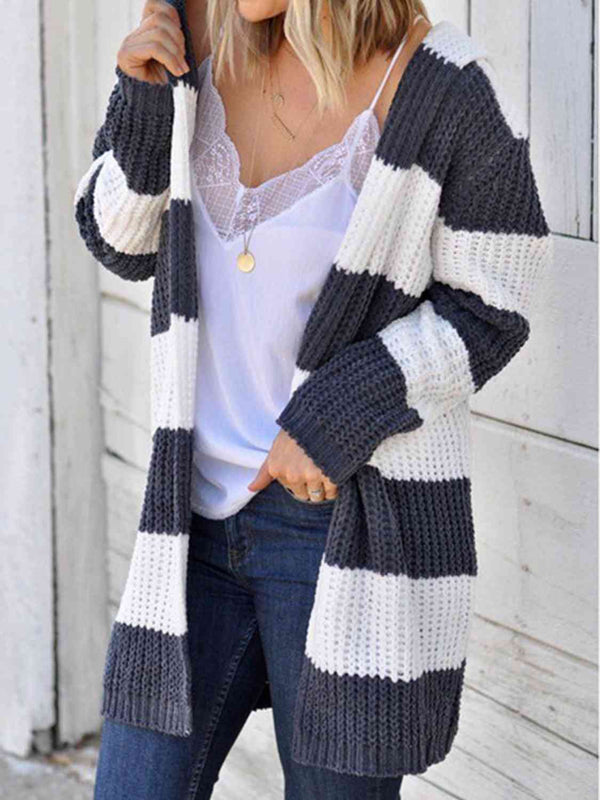 Striped Open Front Hooded Cardigan - Chic Innovations, LLC