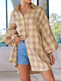 Plaid Lantern Sleeve Shirt - Chic Innovations, LLC