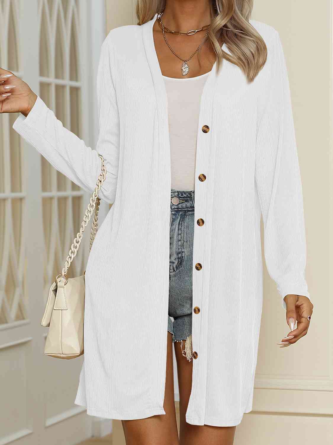 V-Neck Button Up Long Sleeve Cardigan - Chic Innovations, LLC