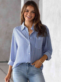 Striped Collared Neck Shirt with Pocket - Chic Innovations, LLC