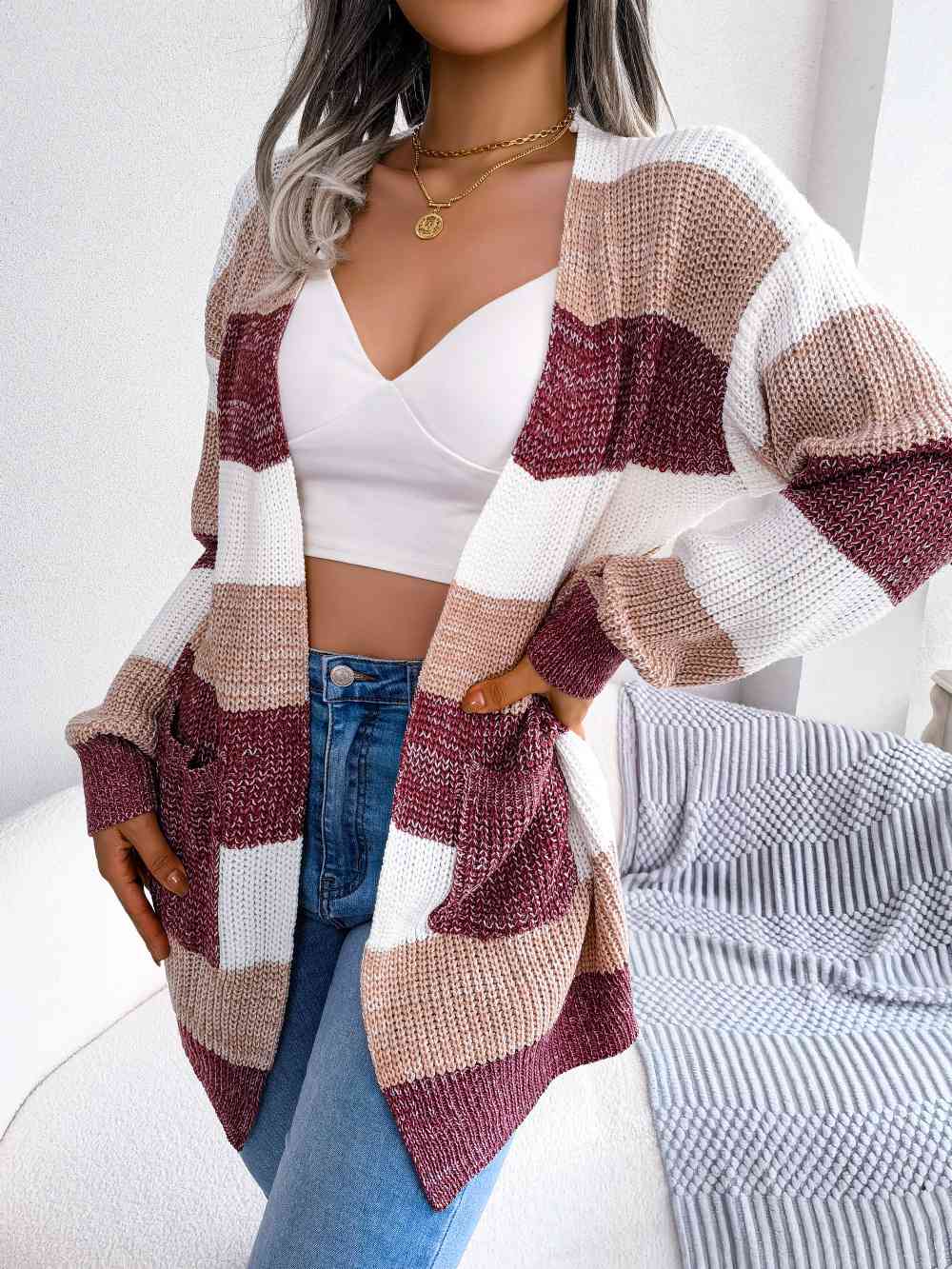 Striped Rib-Knit Open Front Longline Cardigan - Chic Innovations, LLC